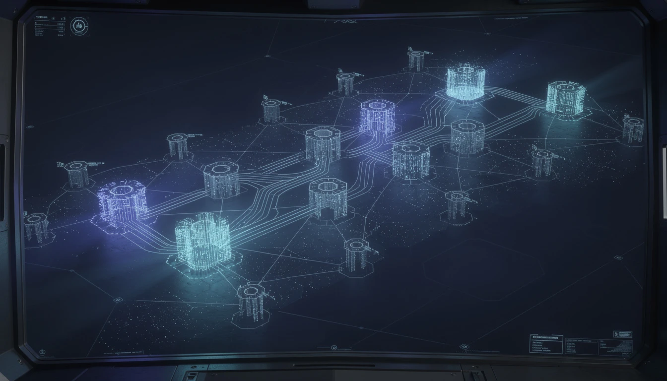 Command center visualization of an encrypted criminal communication network — holographic node clusters connected by signal paths on a deep navy display