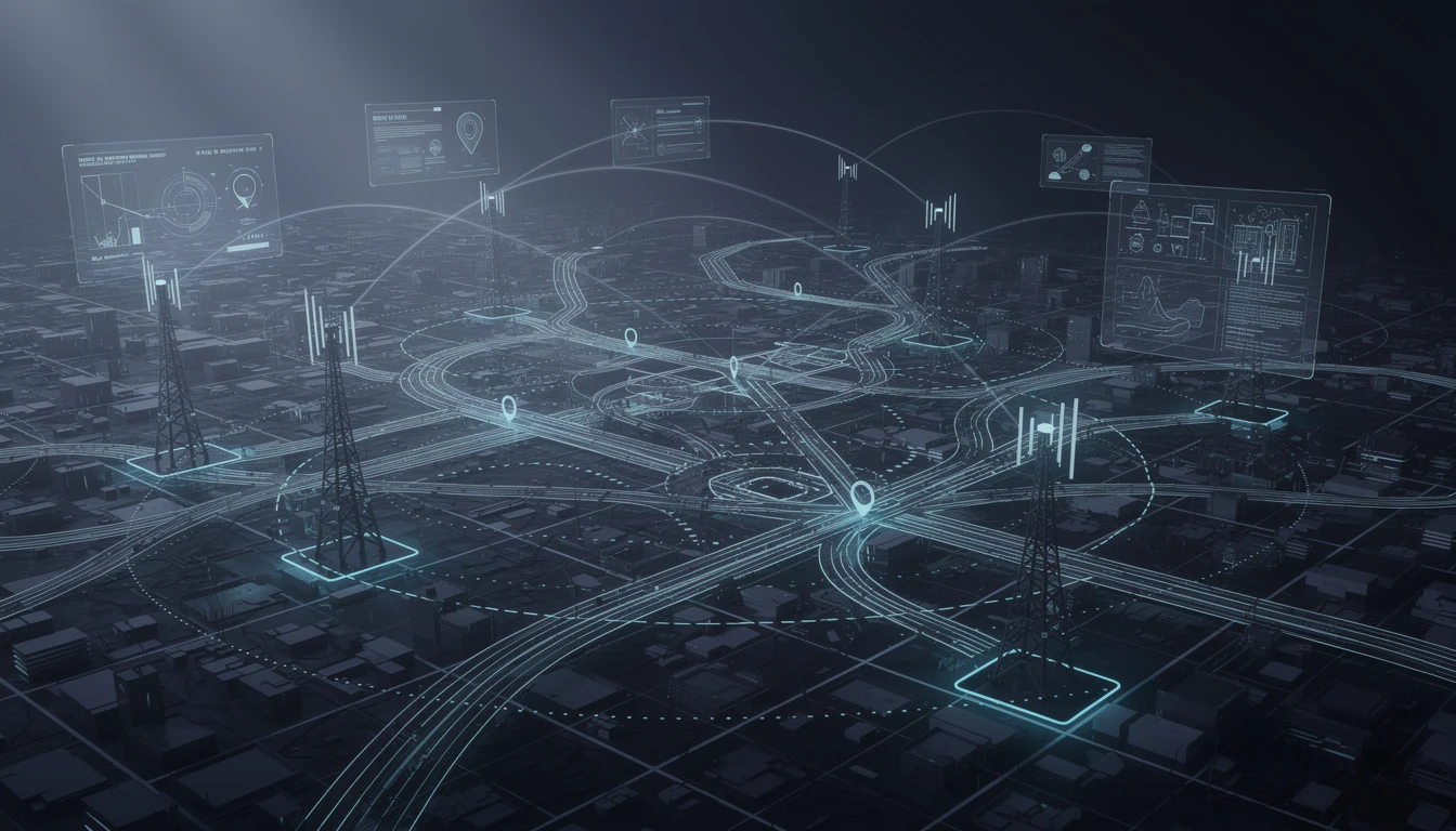 Aerial city grid visualization with cell tower signal arcs and GPS location tracking paths — representing mobile intelligence and CDR pattern-of-life analysis