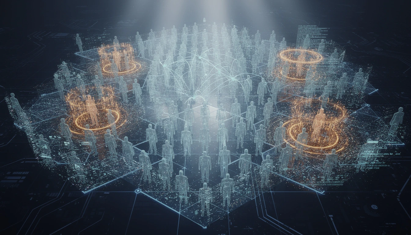Abstract visualization of a synthetic persona army — thousands of identical digital identity nodes arranged in coordinated grid formation, ghostly faces dissolving into data streams on a deep navy intelligence platform background