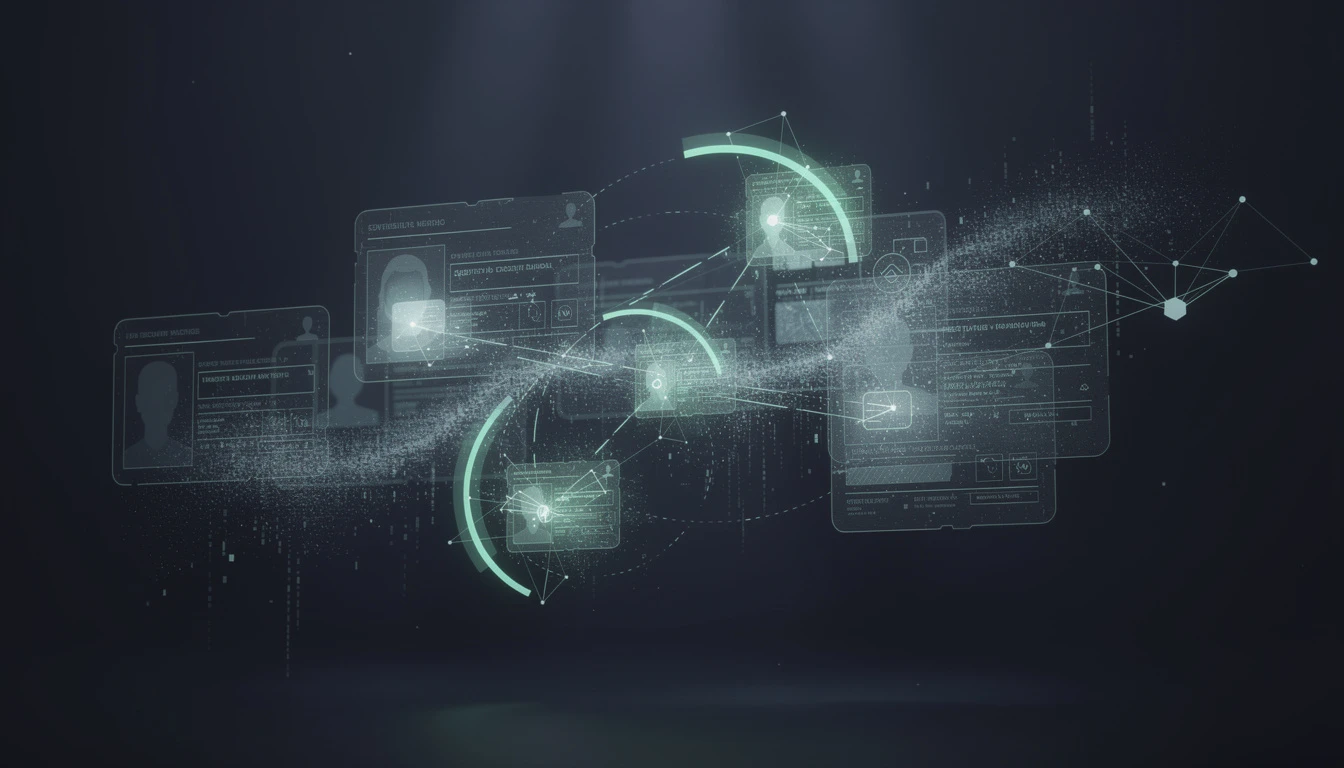 Holographic identity document fragments connected by entity resolution graph lines — visualizing synthetic identity detection across multiple fraudulent profiles