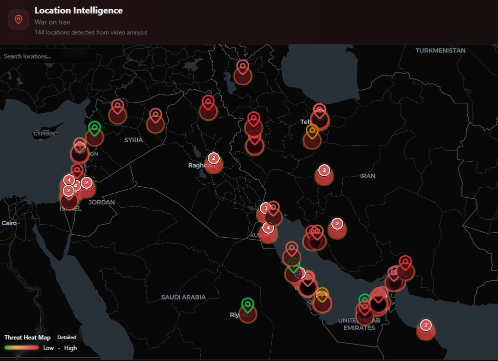 BlackVidINT location intelligence map showing 144 geolocated video sources across the Middle East, with threat heat map overlay spanning from the Eastern Mediterranean to Iran and the Persian Gulf