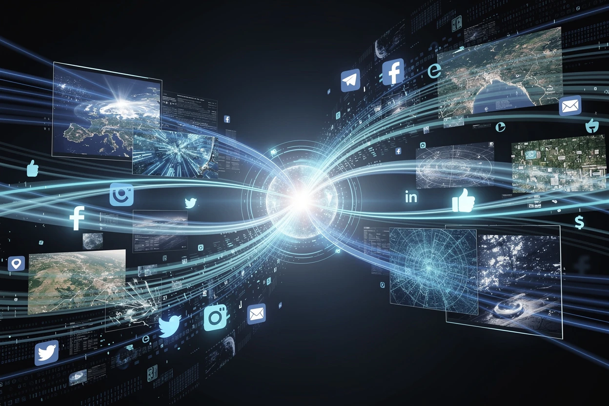 Data fusion visualization — multiple intelligence streams converging into a unified analysis core