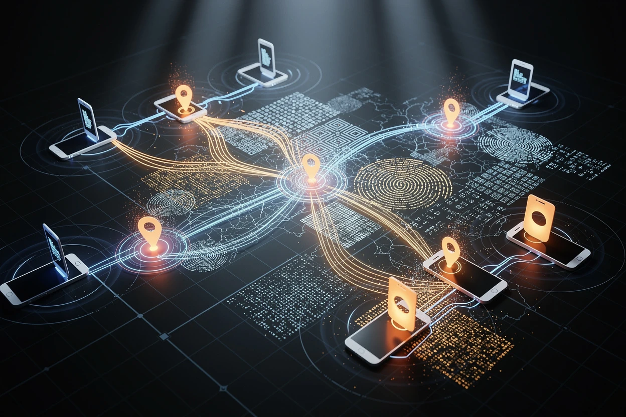 Advertising intelligence visualization — device tracking signals and geolocation data flowing through ad exchange network