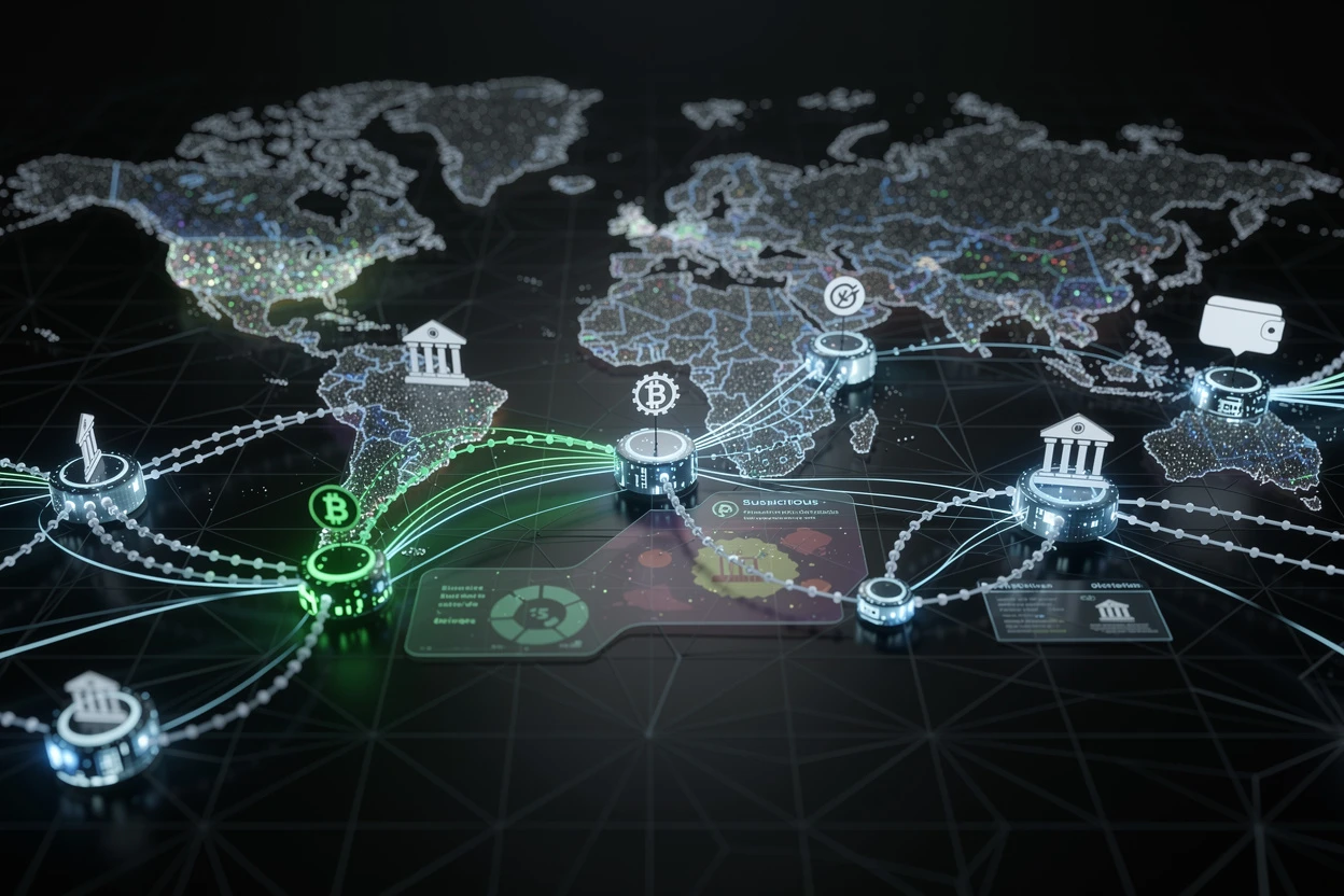 Financial crime intelligence visualization — blockchain transaction chains and global money flow analysis