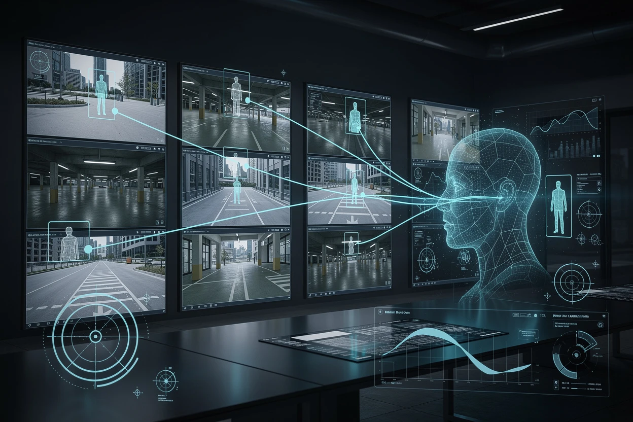 AI video intelligence visualization — surveillance camera feeds with detection overlays and cross-camera tracking