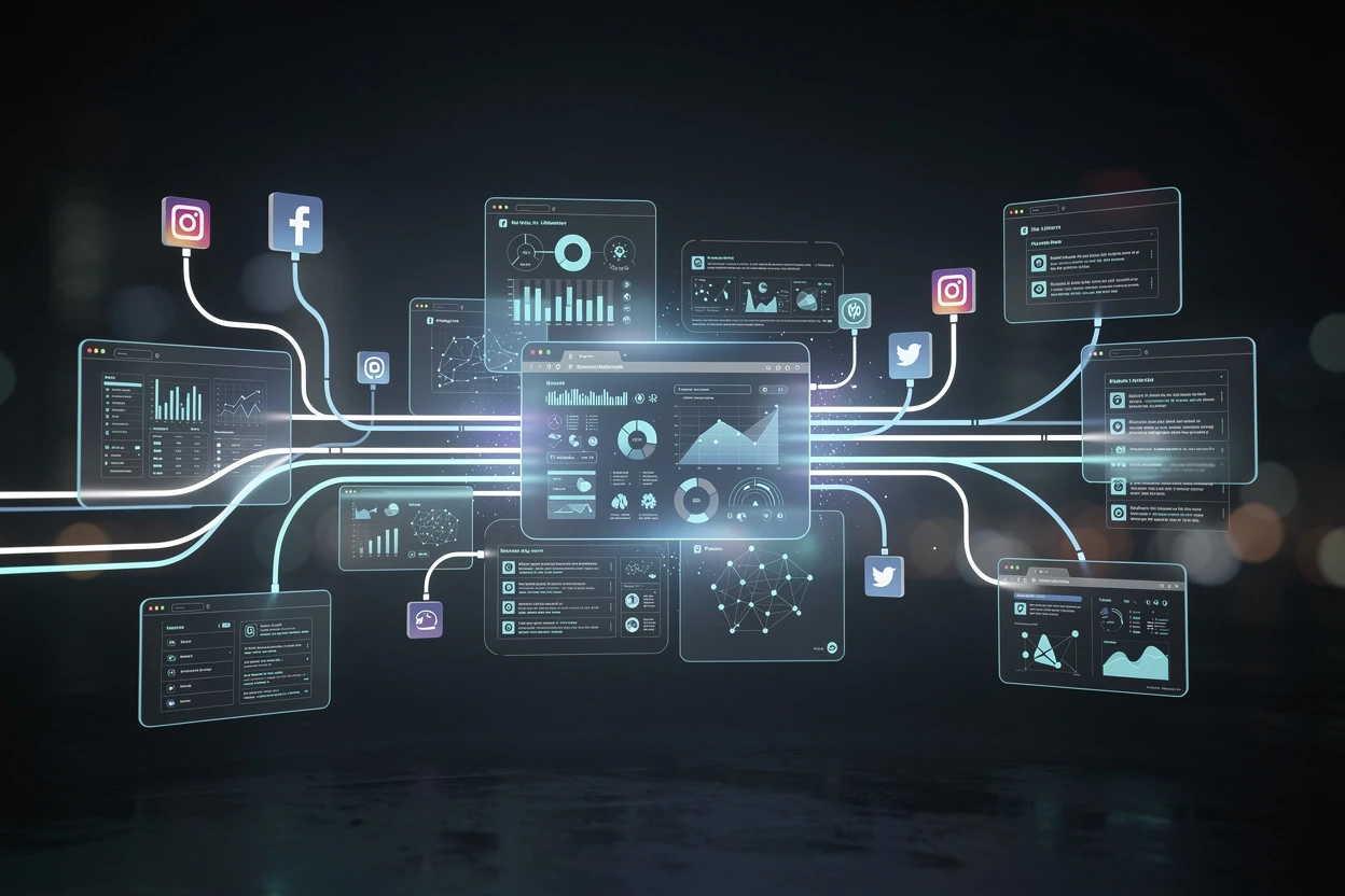 Visualisation de collecte OSINT — flux de donn&eacute;es convergant vers un tableau de bord analytique